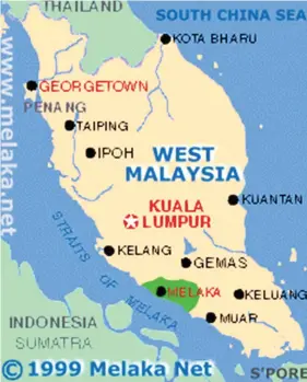  ?? ?? Ang mapa nagpakita sa Malacca ug Sumatra ug sa dagat nga nag-ulang tali kanila, ang Strait of Malacca.