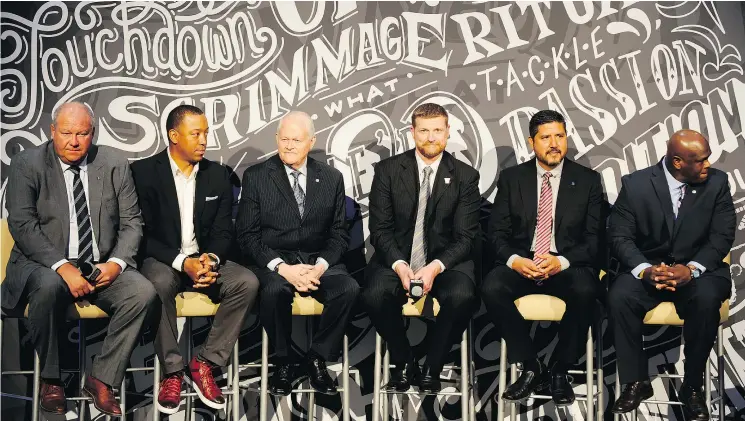  ?? — THE CANADIAN PRESS FILES ?? The Canadian Football Hall of Fame Class of 2017, including from left, builder Brian Towriss, player Geroy Simon, builder Stan Schwartz, player Mike O’Shea, player Anthony Calvillo, and player Kelvin Anderson, was announced at Mosaic Stadium in Regina...