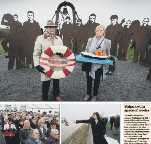  ?? PICTURES: TONY JOHNSON. ?? GRIEVING FAMILIES: Victor Wheeldon with niece Beverley Prest, daughter of Jimmy Wheeldon – skipper of the ill-fated St Romanus – lay wreaths at the memorial site on St Andrews Quay, Hull; families commemorat­e lost trawlermen; relatives scatter flowers...