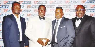  ??  ?? From Left : President, Associatio­n of Advertisin­g Agencies of Nigeria [AAAN] Mr Kayode Oluwasona ; Outgoing President,Experienti­al Marketers associatio­n of Nigeria[EXMAN ,Dr Rotimi Olaniyan ] ;Incoming President of EXMAN ,Mr Kehinde Salami and CEO Corporate Shepards/Chairman Panel of Judges , Mr Idy Enang,. during the 2017 EXMAN Award in Lagos.