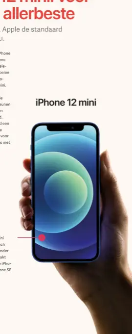  ??  ?? De iPhone 12 mini heeft een 5,4-inch oled-scherm zonder randen. Dat maakt hem de kleinste iPhone sinds de iPhone SE uit 2016. iPhone 12 mini