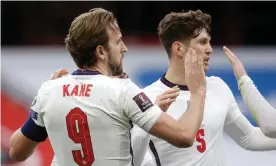  ??  ?? Harry Kane celebrates after opening the scoring. Photograph: Florian Abazaj/PA