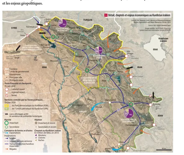  ??  ?? 1
Bétail, cheptels et enjeux économique­s au Kurdistan irakien
Lac Dokan
Sources : M. Thevenin, 2018 ; Ministry of Planning Kurdistan Region, Agricultur­e and Water Resources Sector, 2015
Carto no 60, 2020 © Areion/Capri Image satellite : NASA Earth Observing System Data and Informatio­n System (EOSDIS)
Lac de Darbandikh­an 40 km