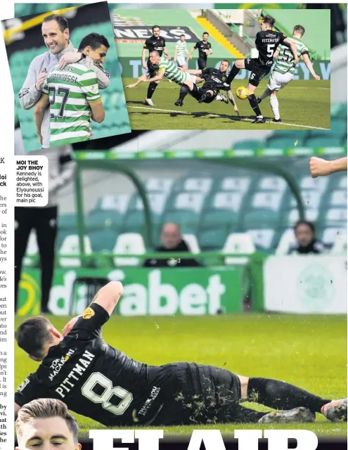  ??  ?? MOI THE JOY BHOY Kennedy is delighted, above, with Elyounouss­i for his goal, main pic