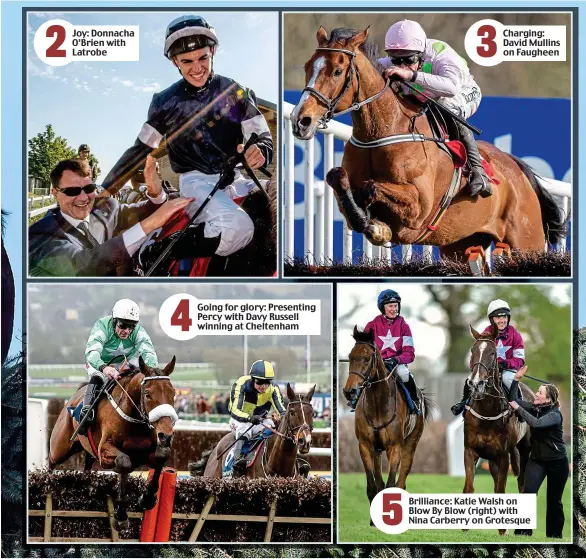  ??  ?? Joy: Donnacha O’Brien with Latrobe Going for glory: Presenting Percy with Davy Russell winning at Cheltenham Charging: David Mullins on Faugheen Brilliance: Katie Walsh on Blow By Blow (right) with Nina Carberry on Grotesque