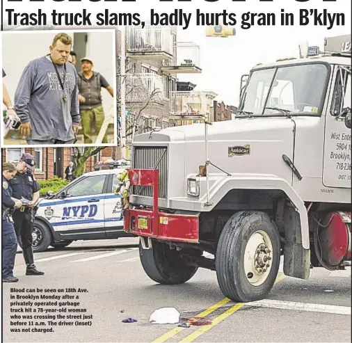  ??  ?? Blood can be seen on 18th Ave. in Brooklyn Monday after a privately operated garbage truck hit a 78-year-old woman who was crossing the street just before 11 a.m. The driver (inset) was not charged.