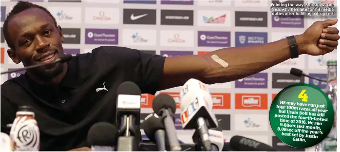  ??  ?? Pointing the way: Bolt shows the Press why he’s late for his media duties after fulfilling a drug test 4 HE may have run just four 100m races all year but Usain Bolt has still posted the fourth-fastest time of 2016. He ran 9.88sec last month, 0.08sec...