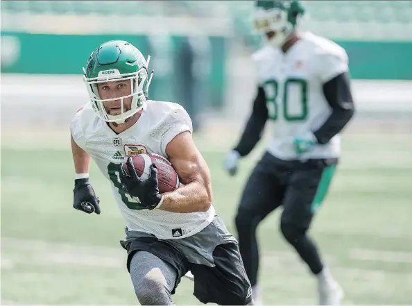  ?? BRANDON HARDER ?? Veteran receiver Rob Bagg, who had been released in June after suffering an ankle injury, returned to the practice field with the Saskatchew­an Roughrider­s on Wednesday.