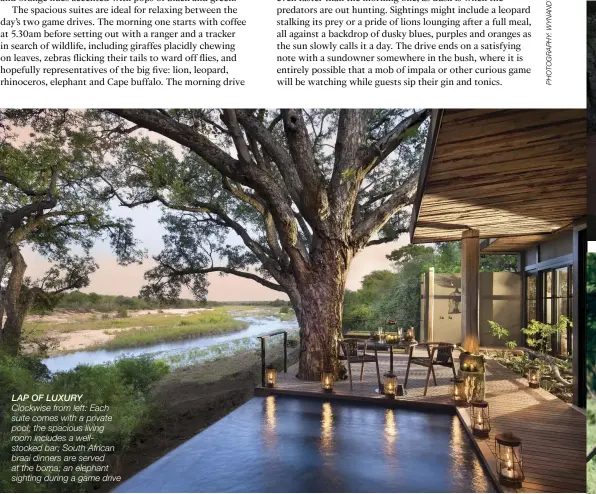  ??  ?? Lap of Luxury clockwise from left: Each suite comes with a private pool; the spacious living room includes a wellstocke­d bar; south african braai dinners are served at the boma; an elephant sighting during a game drive