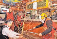  ?? FOTO: INA RAICHLE ?? Die Feuerwehr sägt die Dürmenting­er Narrenlind­e ab.