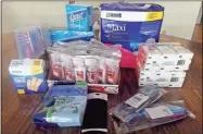  ??  ?? Here are some hygiene items collected by Savannah Lowery for a community service project to help the homeless.