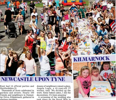  ??  ?? CHEERS: From street parties in Newcastle upon Tyne, top, and Ayrshire, above, to flying the flags in Manchester, right, the nation was out celebratin­g yesterday