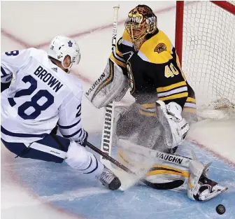  ?? STAFF PHOTO BY MATT STONE ?? IN GOOD POSITION: Tuukka Rask makes a save on the Maple Leafs’ Connor Brown during the Bruins’ Game 7 victory Wednesday. Despite struggling at times in the first round, Rask still has full support from Bruins GM Don Sweeney.