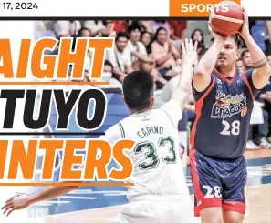  ?? / PBA.PH ?? INIT: Miitsa si Rain or Shine Elasto Painters big Man Beau Belga batok ni Kemark Carino sa Terrafirma Dyip ning aktuha sa usa sa niaging mga aksyon sa PBA Season 48 Philippine Cup. Ang Elasto Painters maoy usa sa labing init nga team sa kasamtanga­n gumikan kay gikan sila sa upat ka sunodsunod nga kadaugan.