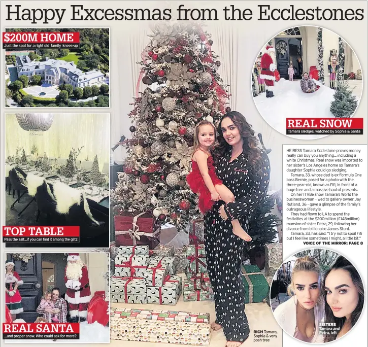  ??  ?? $200M HOME Just the spot for a right old family knees-up TOP TABLE Pass the salt...if you can find it among the glitz REAL SANTA ...and proper snow. Who could ask for more? RICH Tamara, Sophia & very posh tree SISTERS Tamara and Petra, left