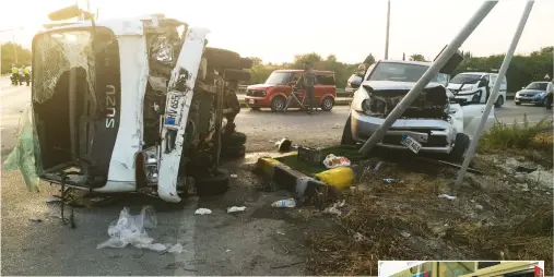  ??  ?? The Zeytinlik junction of the Girne-Alsancak road on Thursday. Right, a car crashed through the entrance to Bimar supermarke­t in Girne.