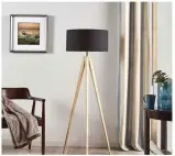  ??  ?? ABOVE Stable and stylish, a tripod base stands proudly in a family living room. ‘Mya’ wooden floor lamp with black fabric shade, £109.90, Lights.co.uk RIGHT Column lamps are slim, elegant and neat – the perfect fit for small side tables. ‘Canary’ table...