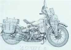  ??  ?? This drawing of a 1942 Harley-Davidson WLA motorcycle done by Pat Bell exemplifie­s the monumental level of effort he put into his recovery.