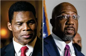  ?? AP FILE ?? Republican candidate Herschel Walker (left) gave an incoherent response to a Fox News questioner about gun control, though his campaign said he supports Second Amendment rights. Sen. Raphael Warnock seeks a ban on sale of semiautoma­tic weapons like that used in Uvalde massacre.