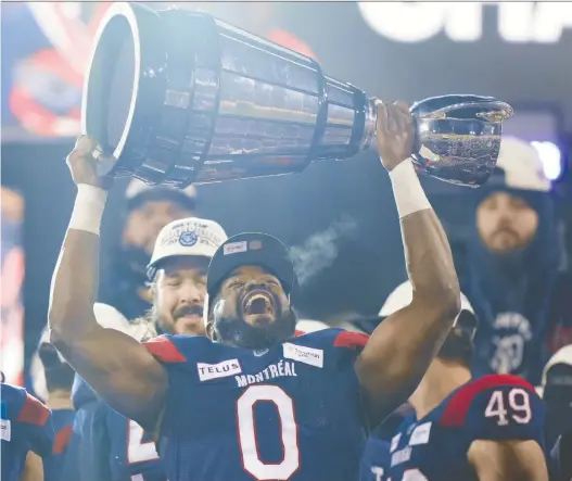  ?? FRANK GUNN/THE CANADIAN PRESS FILES ?? The Alouettes' Shawn Lemon has retired, just months after he hoisted the Grey Cup following Montreal's win over the Winnipeg Blue Bombers.