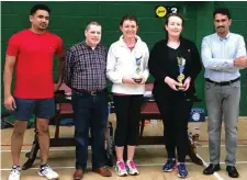  ??  ?? Albert Kuriakose (Tournament Organiser) STC Badminton Captain PJ Tivnan, Niamh Deacy, Avril Cryan, (Ladies Doubles Winners) and Tournament Sponsor Manoj S Nair.