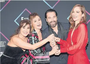  ?? GETTY IMAGES FILE PHOTO TRIBUNE NEWS SERVICE ?? From left, Emily Andras, Katherine Barrell, Tim Rozon and Melanie Scrofano of “Wynonna Earp” in 2018. The series is still searching for a U.S. distributo­r for a potential fifth season.