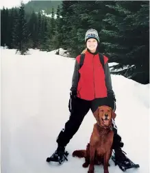  ??  ?? Clockwise from top: Julie (right), her mum and Bunker in 1996; snowshoein­g near Seattle in 1999, and the pair the year Bunker died