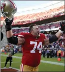  ?? NHAT V. MEYER/BAY AREA NEWS GROUP ?? 49ers' Joe Staley leaves the field following a win over the N.Y. Giants on Nov. 12, 2017 in Santa Clara.