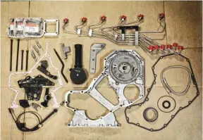  ??  ?? Scheid Diesel’s P7100 Conversion kit starts at just under $2,300 (minus a pump) and comes with virtually everything needed to perform the swap. The key items that make the swap seamless include a 12-valve gear housing, pump drive gear, stainless steel fuel lines (mild steel units are also available), throttle linkage, P-pump support bracket, injection pump oil feed line, camshaft sensor adapter, grid heater spacer, and all necessary gaskets, seals, and hardware.