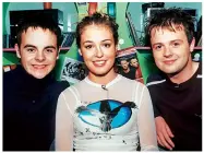  ??  ?? Clockwise from above: Cat with Ant (left) and Dec on SMTV, 1998; presenting Fame Academy with Patrick, 2003, and with Beyoncé on CD-UK, 2003