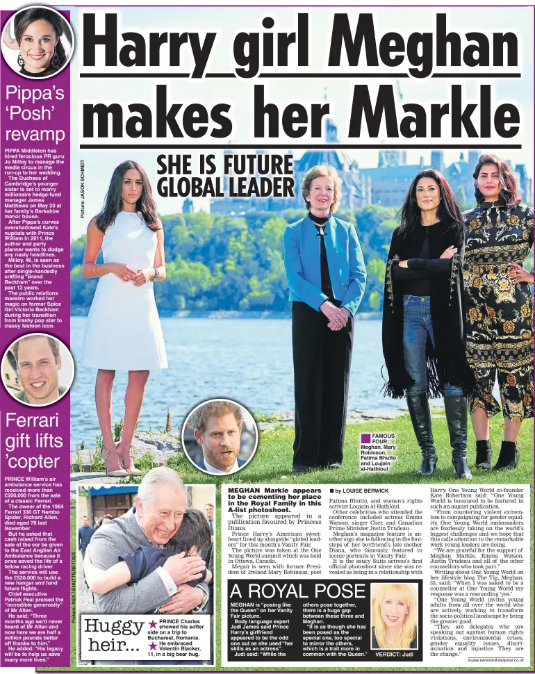  ??  ?? PRINCE Charles showed his softer side on a trip to Bucharest, Romania. He embraced Valentin Blacker, 11, in a big bear hug. MEGHAN is “posing like the Queen” on her Vanity Fair picture.
Body language expert Judi James said Prince Harry’s girlfriend...