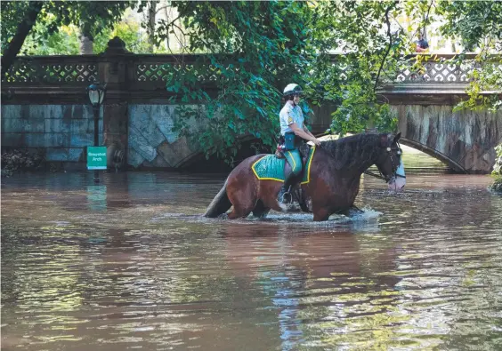  ?? ?? A New York City parks security service officer on horseback explore the Greyshot Arch, which is flooded in Central Park. Picture: Getty/AFP