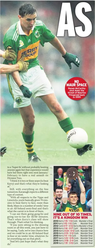  ??  ?? NO MAUR SPACE Ronan Mccarthy
shut down the threat of Maurice Fitzgerald back
in 1999