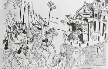  ?? ?? Angriff der Mongolen im Jahr 1241. Die Tartaren vor Liegnitz kämpfen gegen Großherzog Heinrich II. von Schlesien. Miniaturma­lerei aus dem Jahr 1353.
