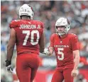  ?? MIKE CHRISTY/GETTY IMAGES ?? Cardinals kicker Matt Prater (5) celebrates with Paris Johnson Jr. after kicking a field goal against the Dallas Cowboys on Sunday at State Farm Stadium.