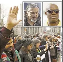  ??  ?? Immigratio­n activists protested Thursday (above) before Ravi Ragbir (inset left) was taken into custody. Jean Montrevil (inset right) is also being held by federal authoritie­s.