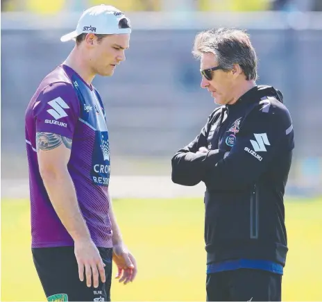  ?? Picture: GETTY IMAGES ?? Cheyse Blair of the Storm talks with coach Craig Bellamy during a training session ahead of tomorrow’s big game.