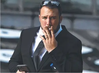  ?? ?? Gold Coast builder Dustin Rodway arrives at the Supreme Court in Brisbane to be sentenced on 17 counts of supply and possess drugs.