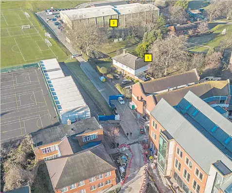  ?? ?? Emma Pattison, her husband George, and their daughter Lettie, right; an aerial view of Epsom College, where the family died, top, with the family’s house in the foreground, 1, and the school’s indoor rifle range behind it, 2