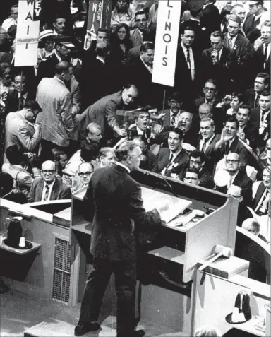  ?? Associated Press ?? CONNECTICU­T SEN. Abe Ribicoff blasts Chicago police tactics in a speech at the Democratic convention in 1968.