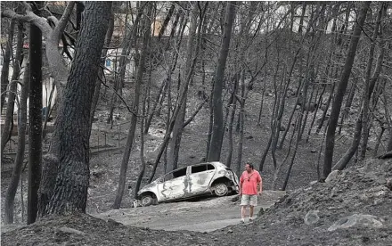  ?? YORGOS KARAHALIS/AP PHOTO ?? HABIS SUDAH: Seorang pria memandangi pepohonan yang hangus di hutan sekitar tempat tinggalnya di Desa Neos Voutzas kemarin (24/7).