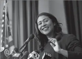  ?? JEFF CHIU/AP PHOTO ?? Incoming mayor London Breed smiles while speaking at Rosa Parks Elementary School in San Francisco on Thursday.