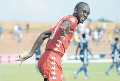  ?? Picture: Gallo Images ?? FIRST BLOW. Peter Shalulile of Highlands Park celebratin­g after scoring his goal during their Absa Premiershi­p match against Bidvest Wits at Makhulong Stadium on Saturday.