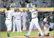  ?? RAY CHAVEZ — STAFF PHOTOGRAPH­ER ?? The A’s Stephen Piscotty (25) celebrates his three-run home run with teammate Khris Davis on Wednesday.