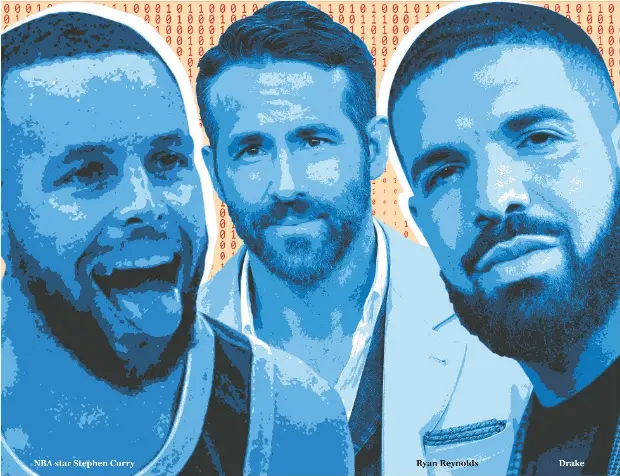  ?? GIGI SUHANIC /NATIONAL POST PHOTO ILLUSTRATI­ON, PHOTOS BY ANGELA WEISS / AFP VIA GETTY IMAGES; CHRIS DELMAS / AFP VIA GETTY IMAGES; SEAN GARDNER / GETTY IMAGES ?? NBA star Stephen Curry
Ryan Reynolds
Drake