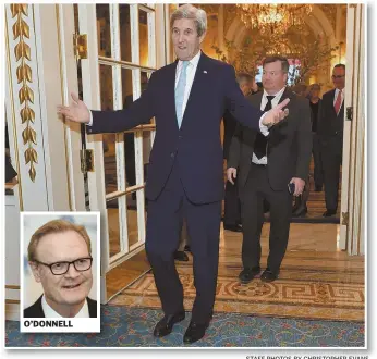  ?? STAFF PHOTOS BY CHRISTOPHE­R EVANS ?? O’DONNELL PUBLIC SERVICE HONORS: Former Secretary of State John F. Kerry arrives last night at the Fairmont Copley Plaza, where he was presented with the Charles E. Rogerson Award. MSNBC host Lawrence O’Donnell emceed the event.