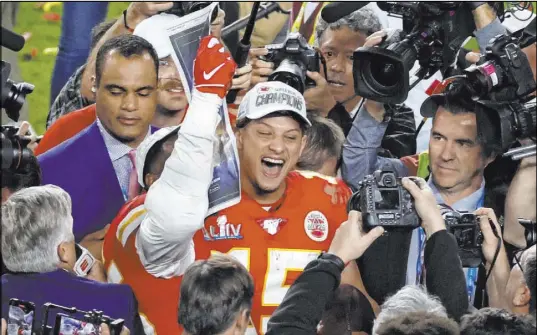  ?? Adam Hunger The Associated Press ?? Patrick Mahomes may have celebrated after beating the 49ers in Super Bowl LIV, but bettors who had the Chiefs quarterbac­k on a prop bet of over 30½ rushing yards were left deflated when three late kneel-downs resulted in him finishing with 29 rushing yards.