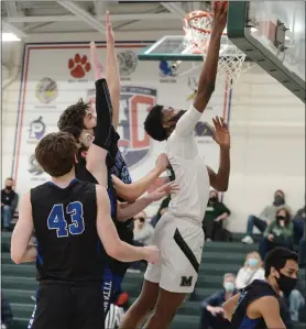  ?? OWEN MCCUE — MEDIANEWS GROUP ?? Methacton’s Cole Hargrove, right, scores Saturday against Central Bucks South in a District 1-6A first round game.