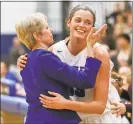  ??  ?? Bentley coach Barbara Stevens, with Jen Gemma during a March 2, 2017, game in Waltham, Mass. could join the 1,000-victory club on Wednesday.