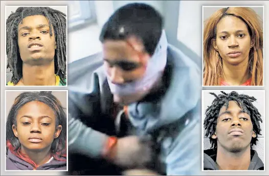  ??  ?? VICIOUS: Alleged attackers (inset, clockwise from top left) Tesfaye Cooper, Tanishia Covington, Jordan Hill and Brittany Covington were hit with hate-crime charges on Thursday for torturing an unidentifi­ed disabled white man (center) while shouting,...